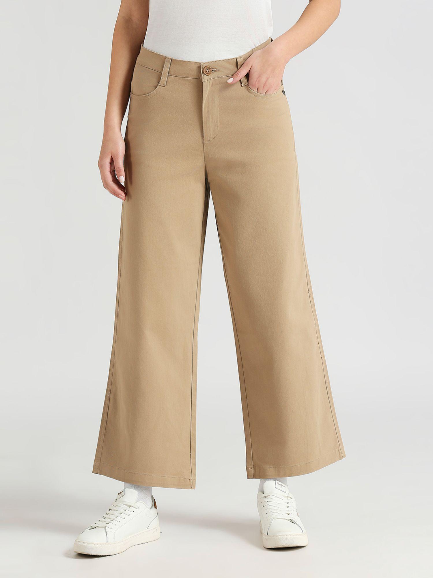 beige siria regular fit straight wide leg pants with round pockets