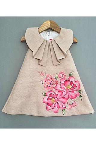 beige soft jute linen floral applique a-line dress for girls