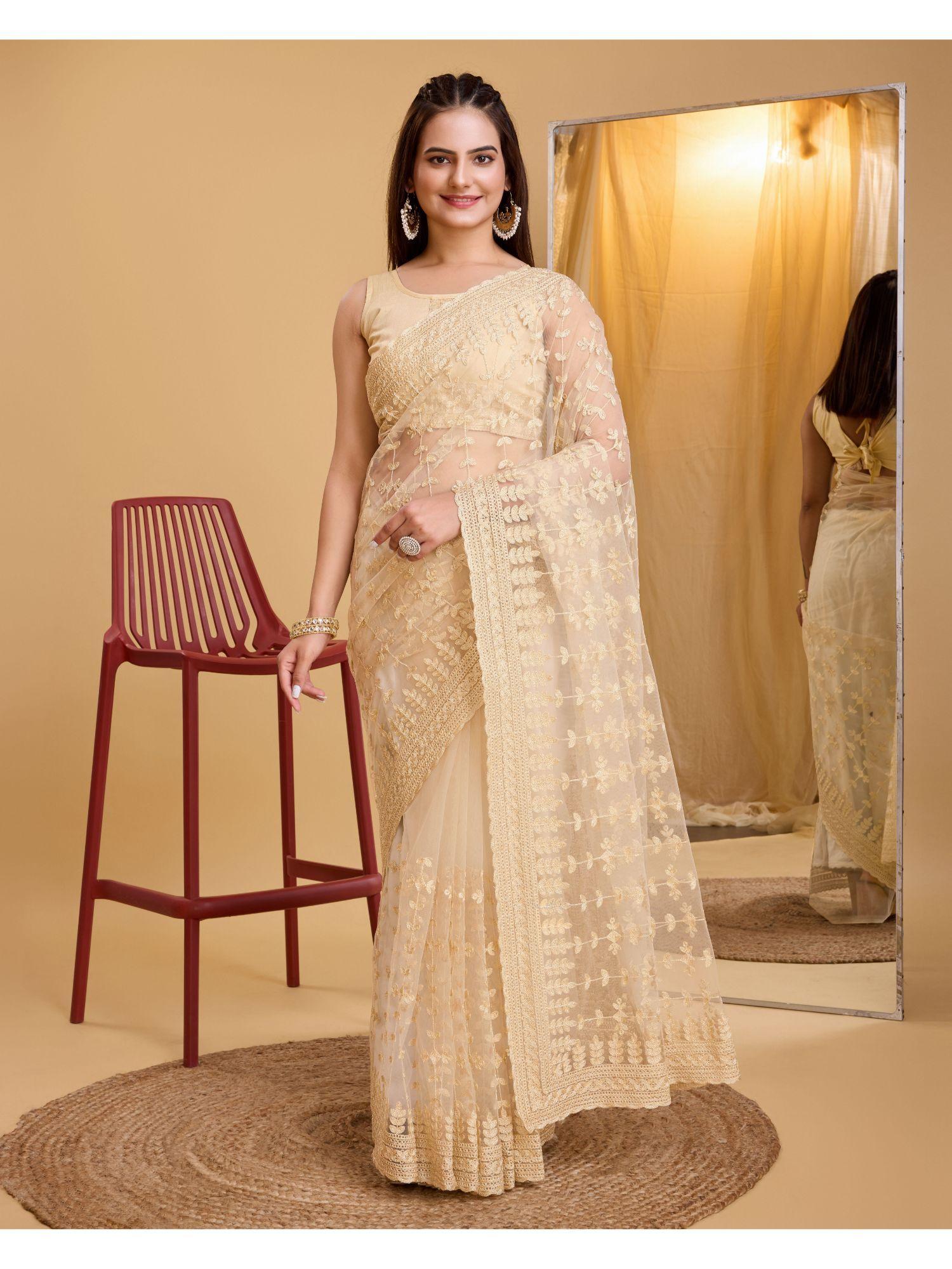 beige soft net embroidery saree with unstitched blouse