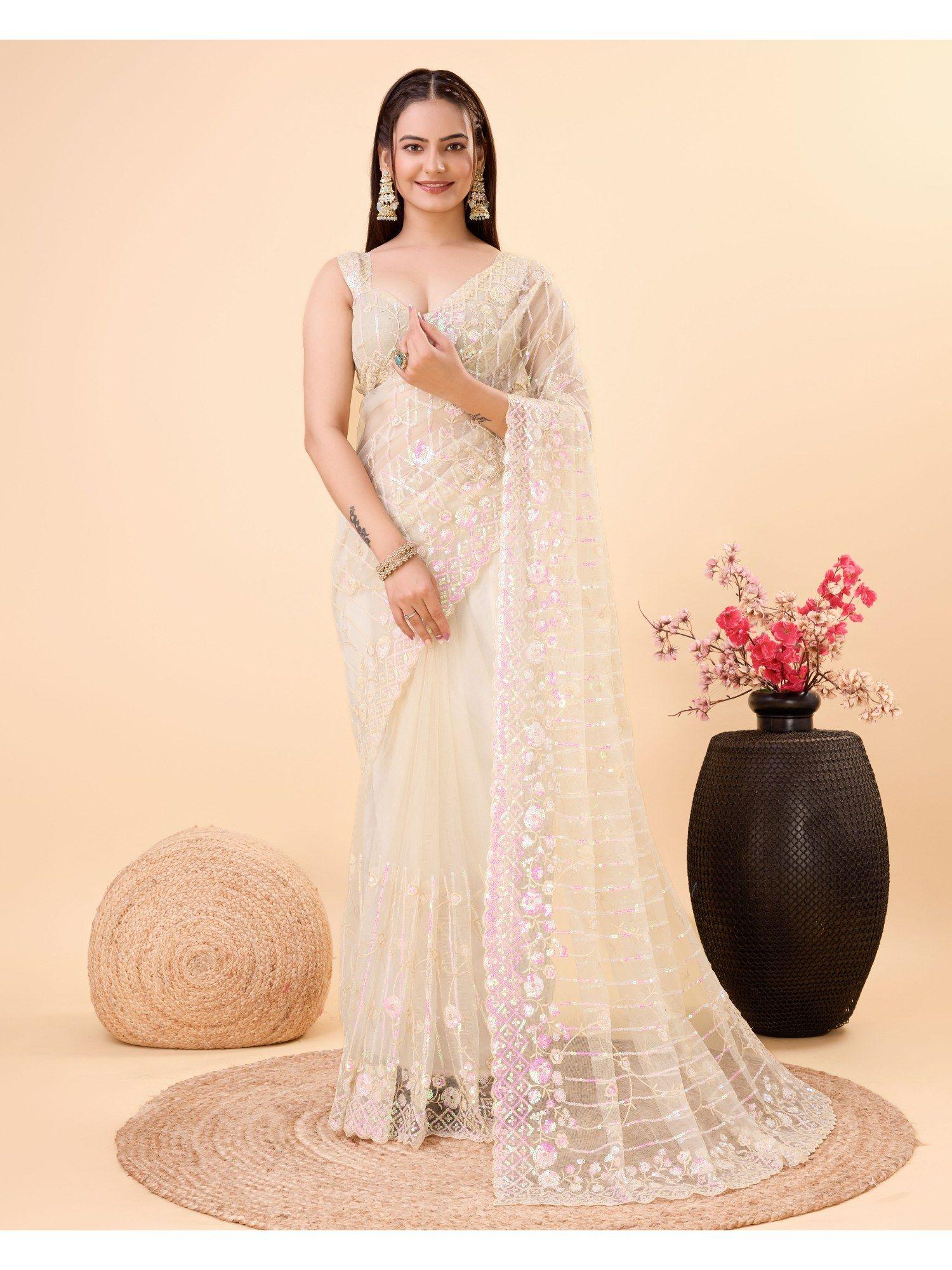 beige soft net embroidery saree with unstitched blouse