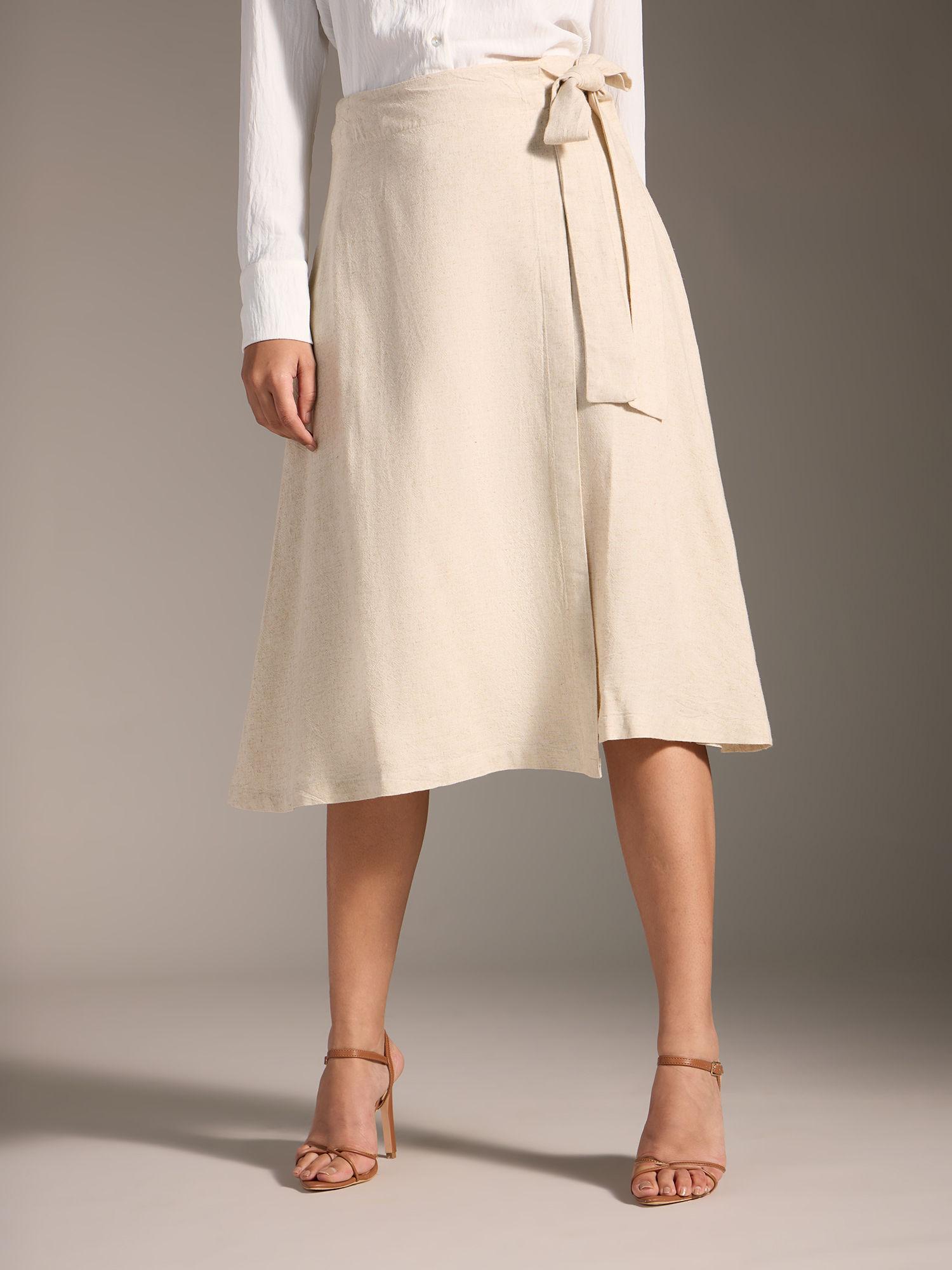 beige solid a line wrap linen midi skirt