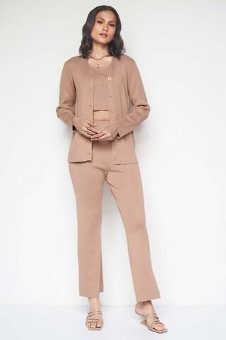 beige solid ankle-length casual women regular fit top pant set