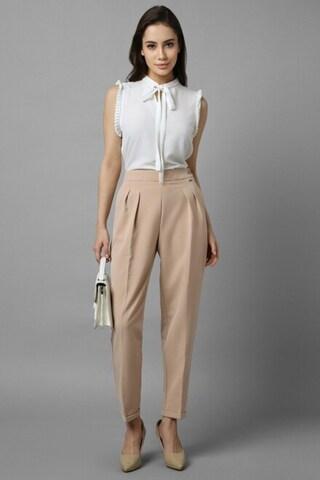 beige solid ankle-length casual women regular fit trousers