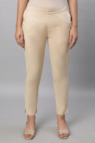 beige solid ankle-length casual women slim fit trousers