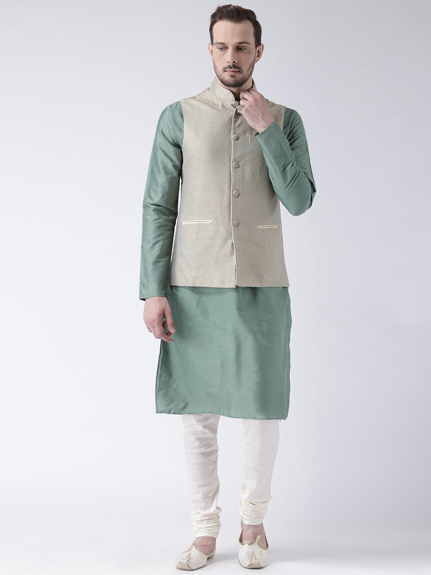 beige solid banarasi kurta and churidar with nehru jacket (set of 3)