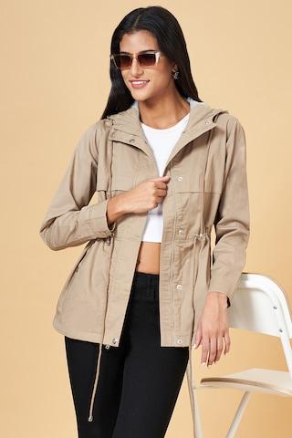 beige solid casual full sleeves hood neck women comfort fit  jacket