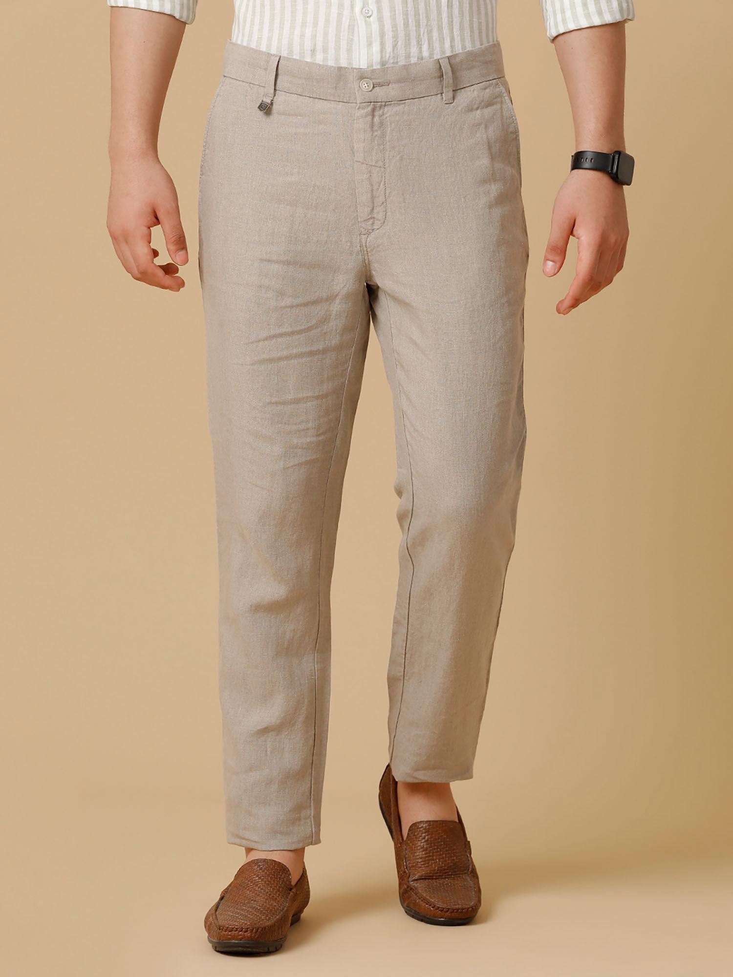 beige solid casual trouser for men