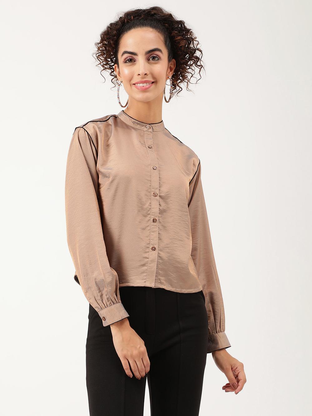 beige solid collar top