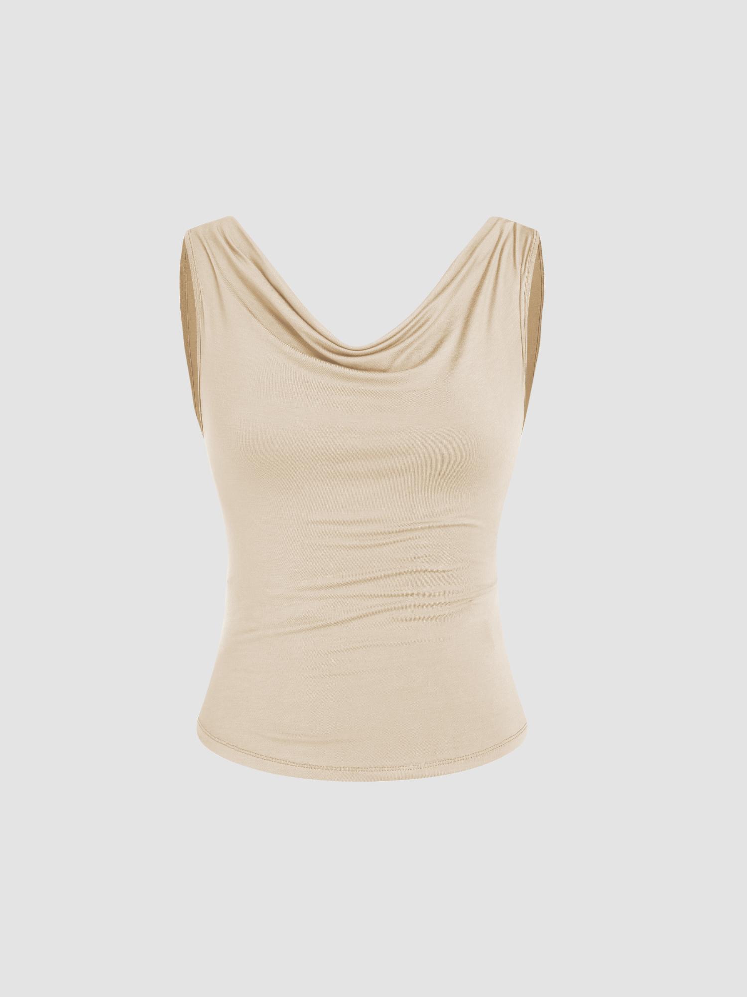 beige solid cowl neck tank top