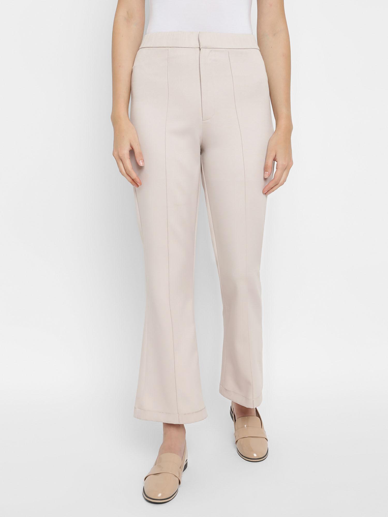 beige solid crepe trousers