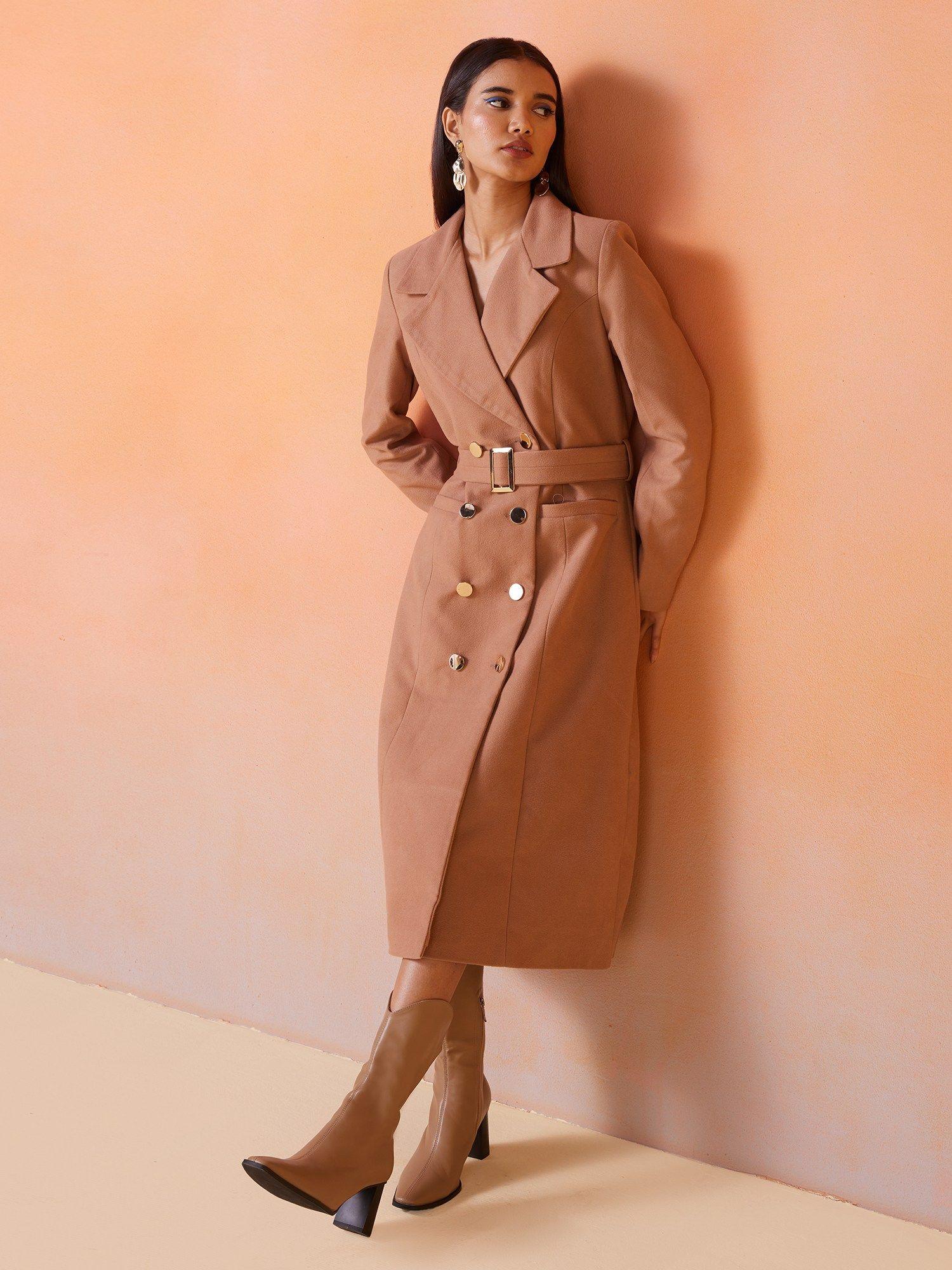 beige solid double breasted long overcoat