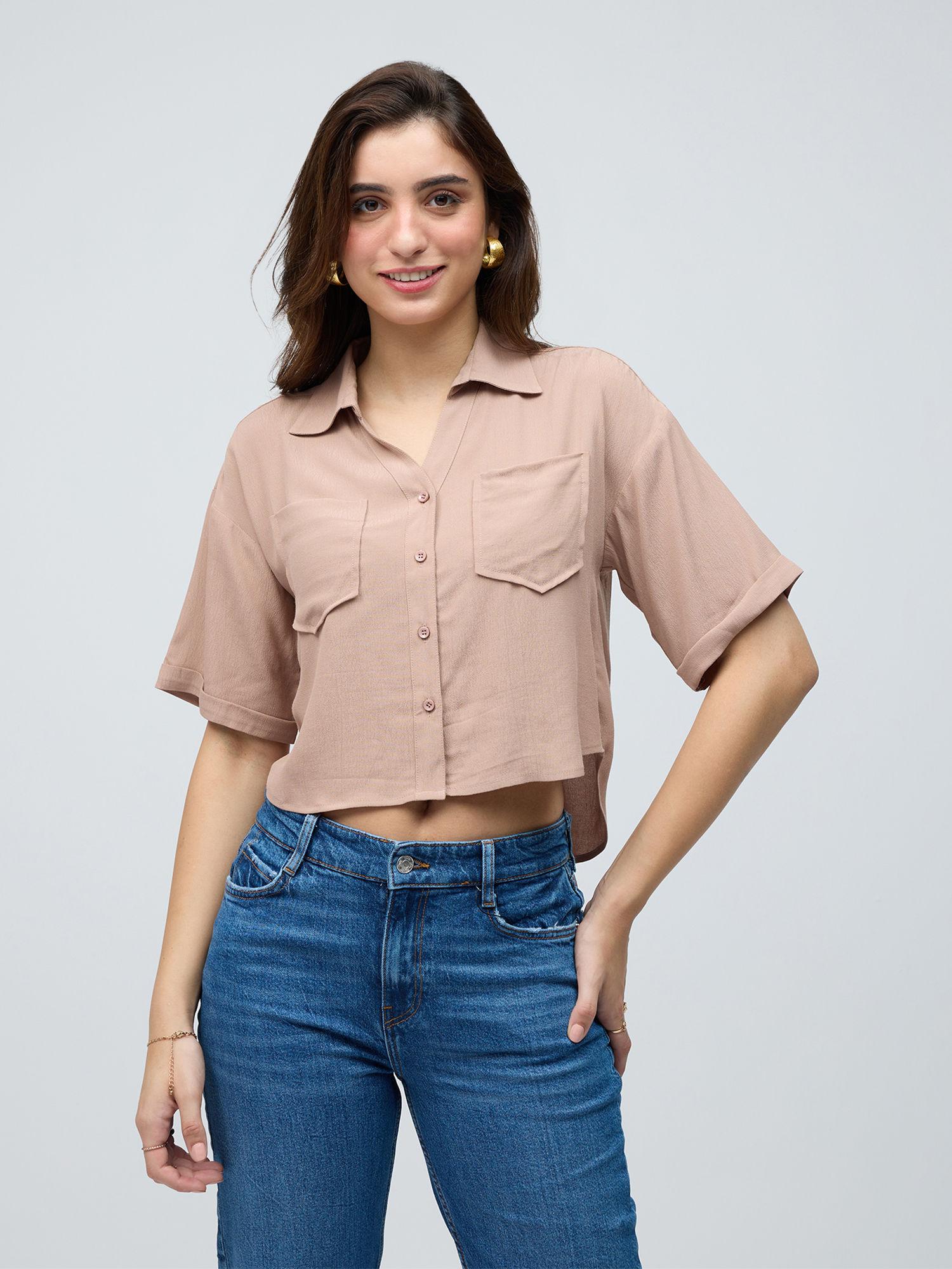 beige solid drop half sleeves crop shirt