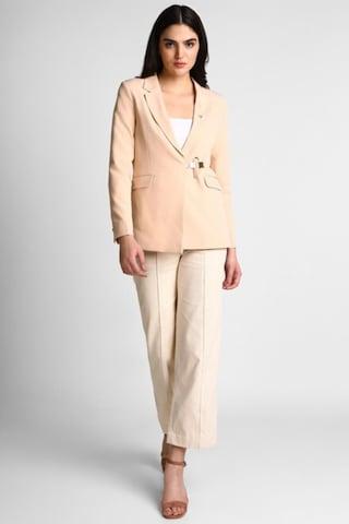 beige solid formal women regular fit blazer