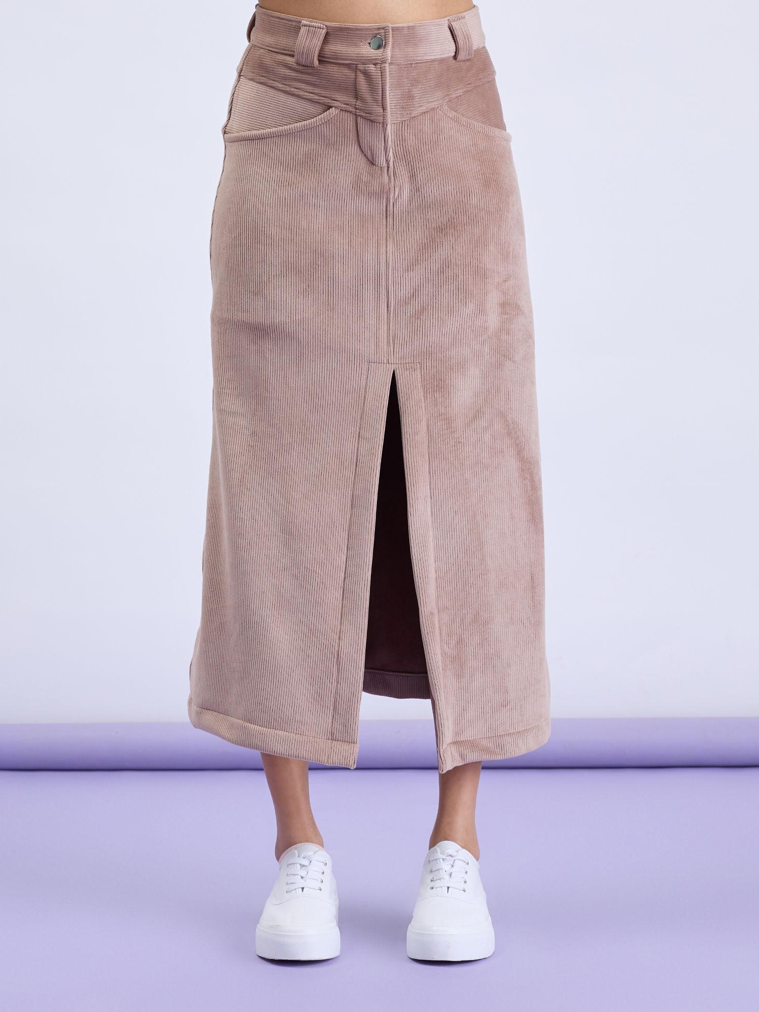 beige solid front slit corduroy straight fit maxi skirt