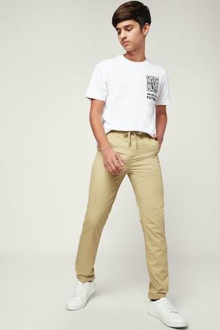 beige solid full length mid rise casual boys regular fit trousers