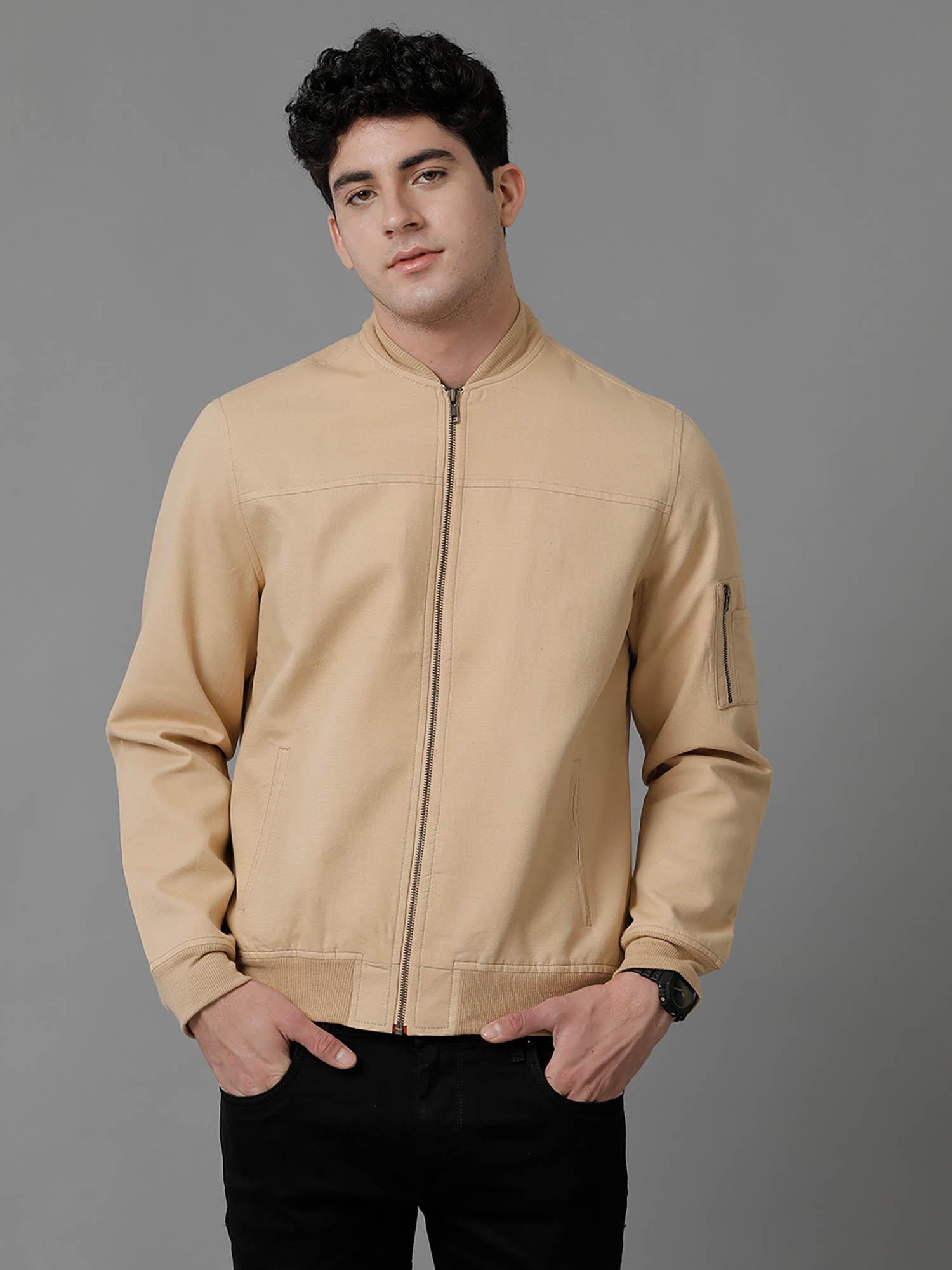 beige solid full sleeve all season linen jacket for men