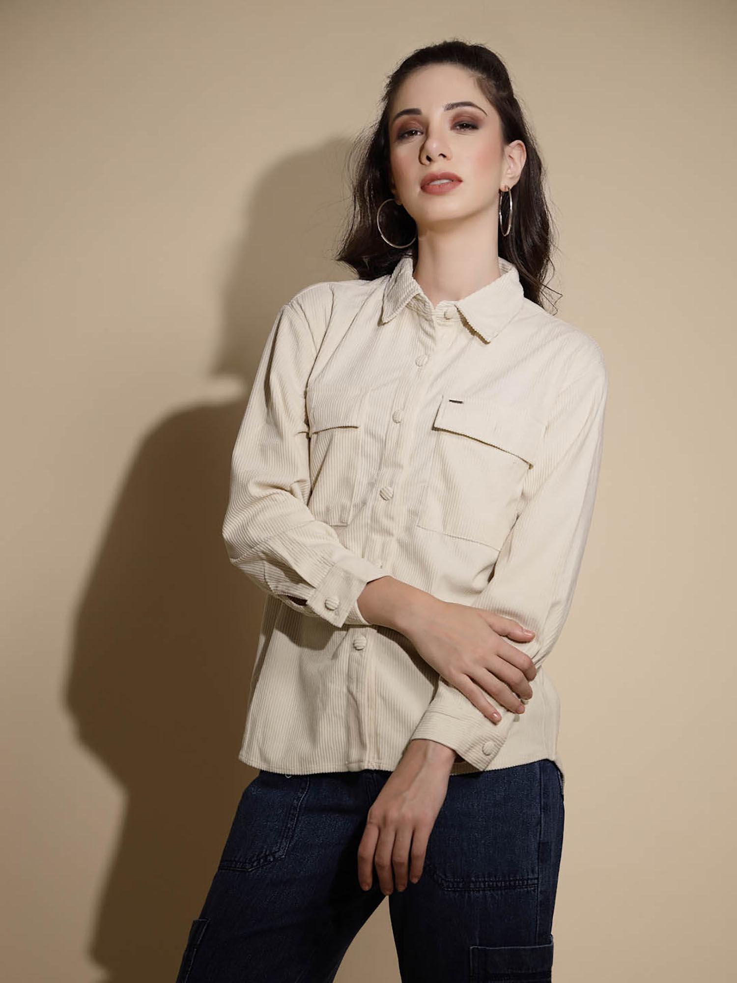 beige solid full sleeve cotton shirt