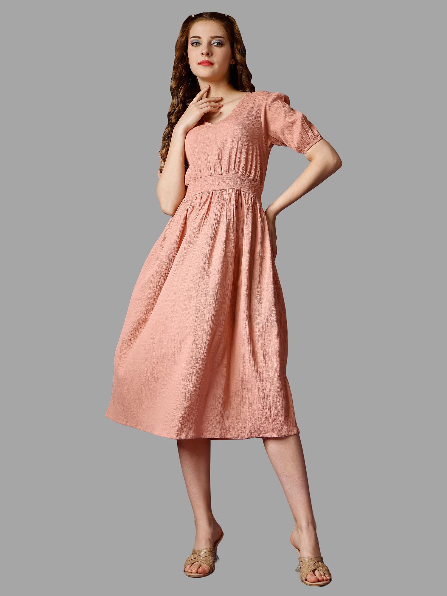 beige solid half sleeve midi dress for women