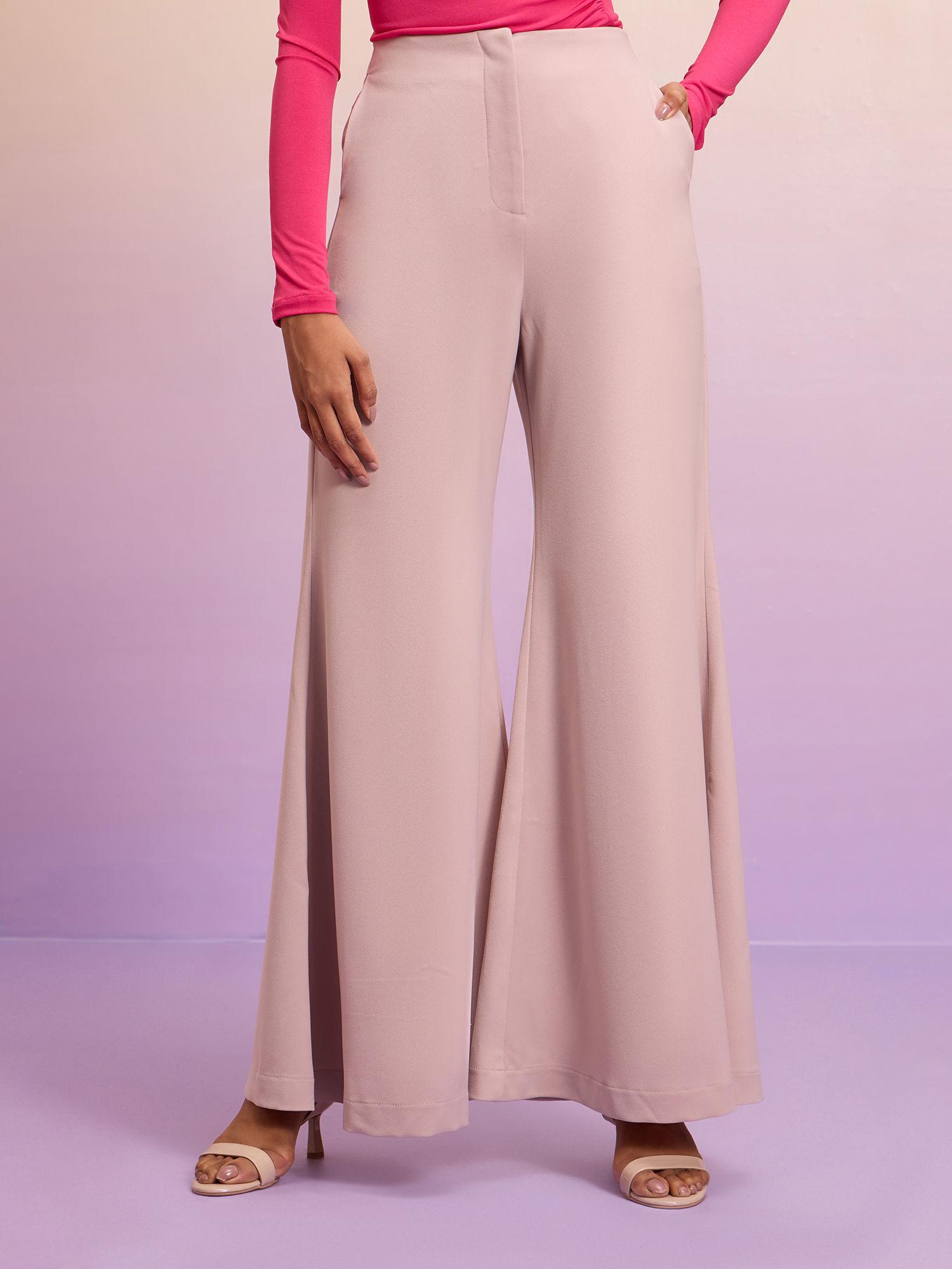 beige solid high rise fit and flare pants