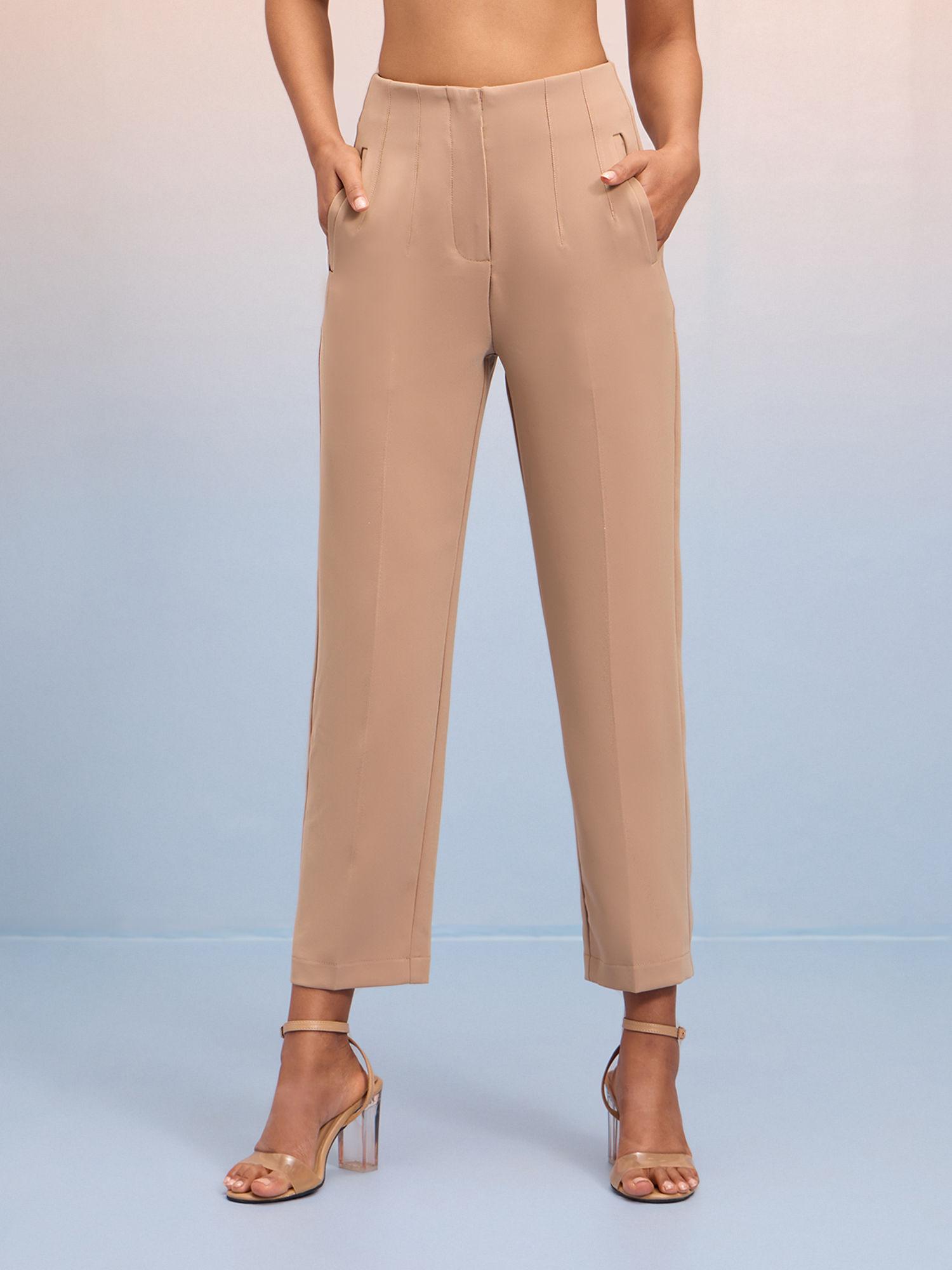 beige solid high waist narrow fit pants