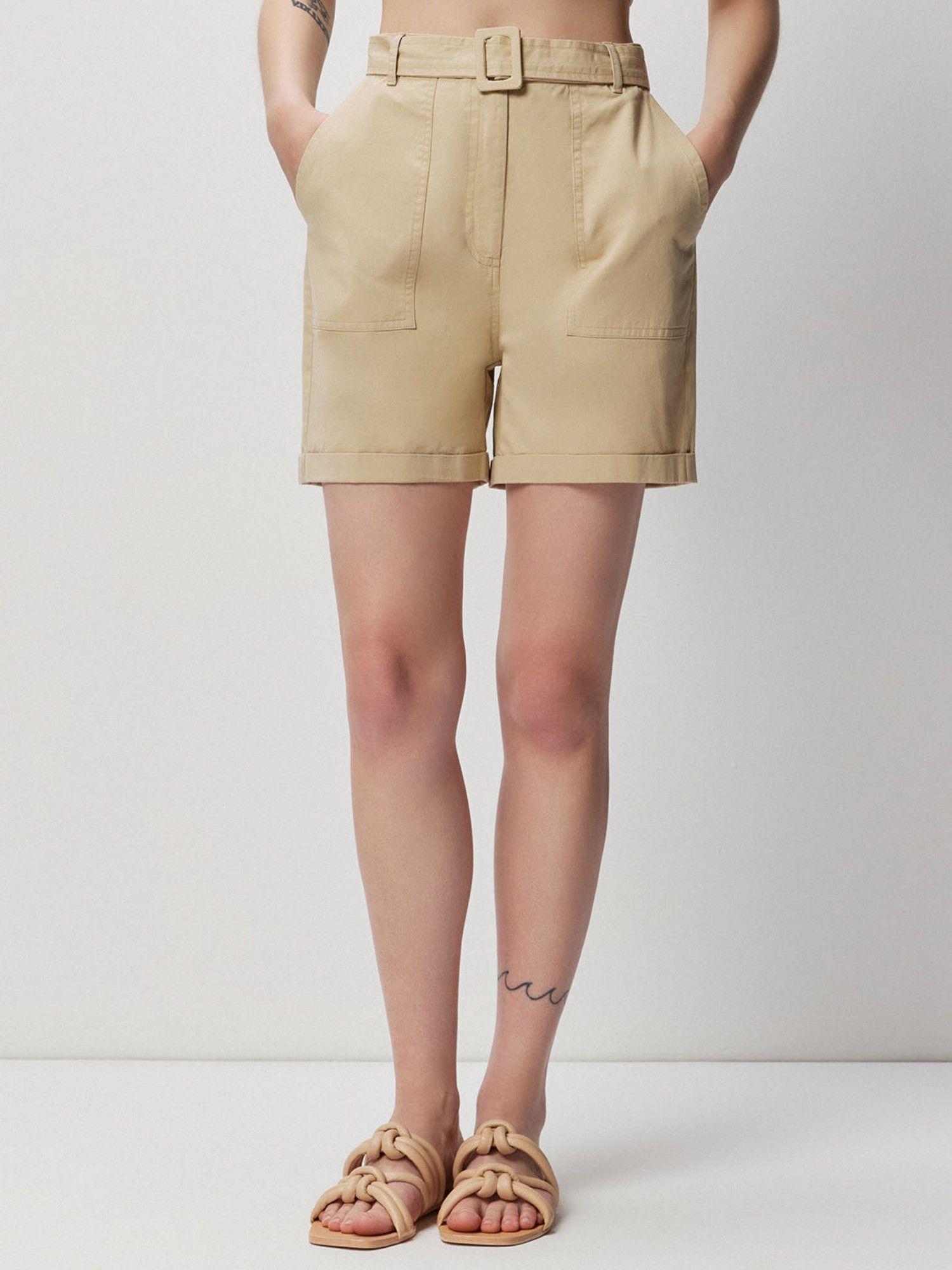 beige solid high waist shorts (set of 2)