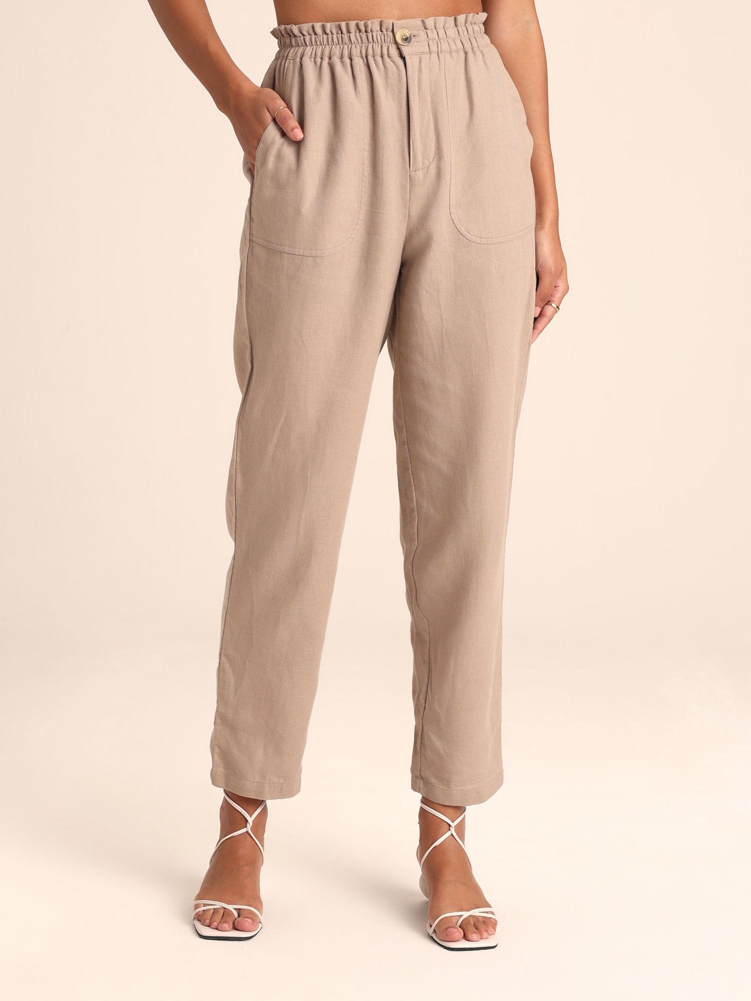 beige solid high waist straight fit trousers