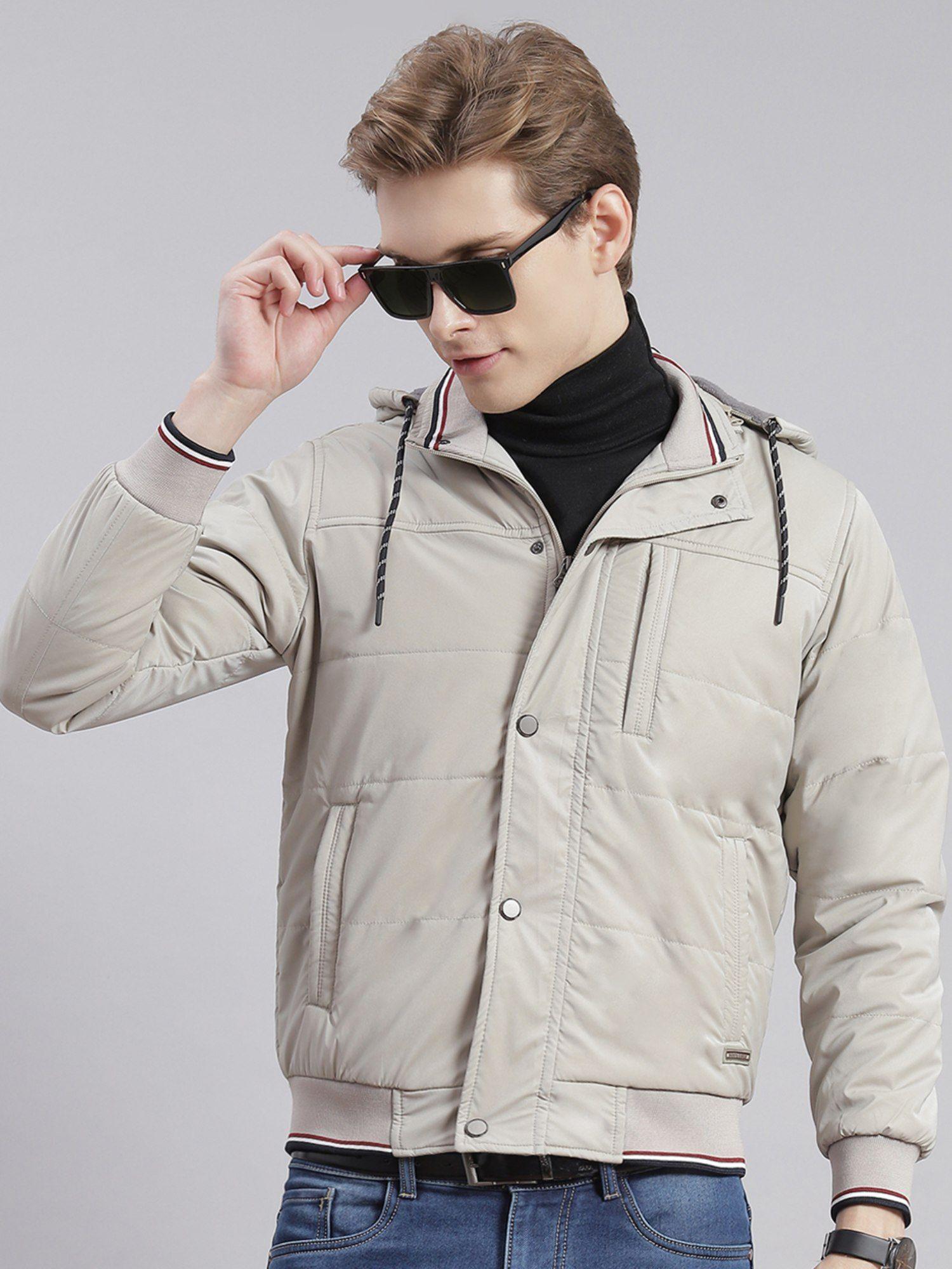 beige solid hood jacket