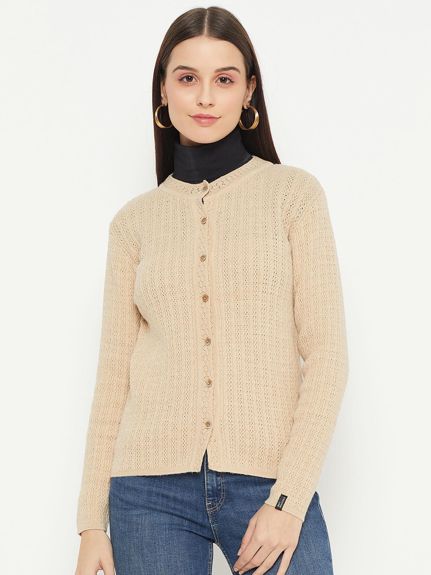 beige solid knitted cardigan