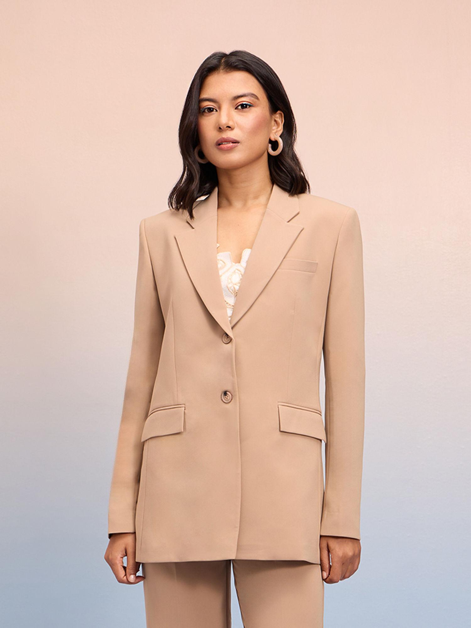 beige solid lapel collar blazer