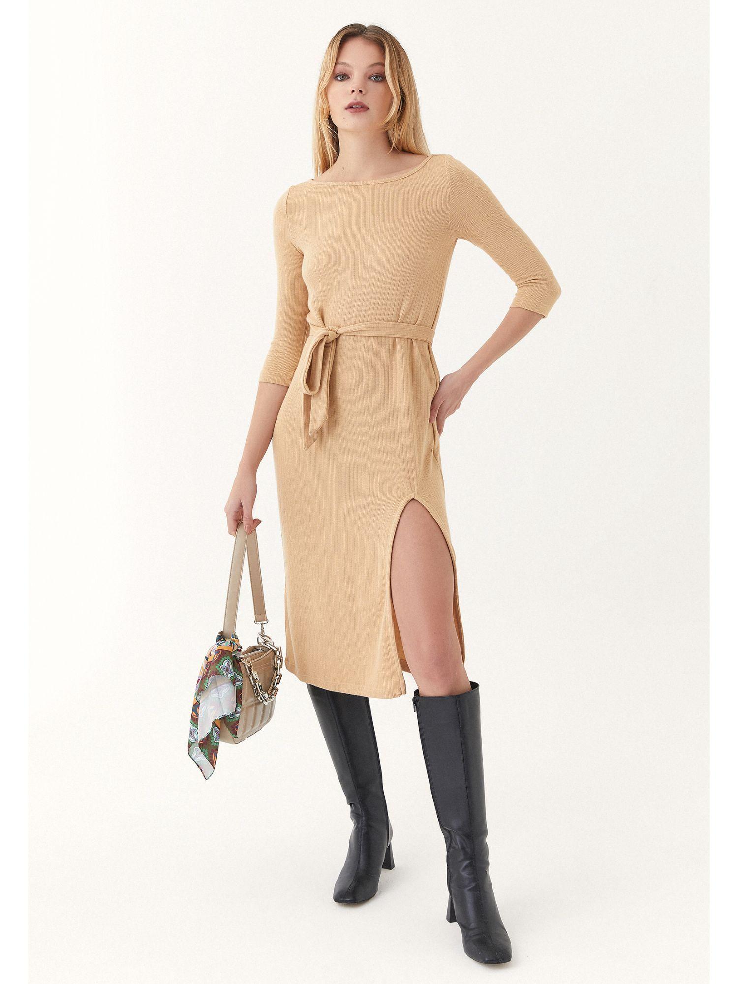 beige solid midi dress with belt