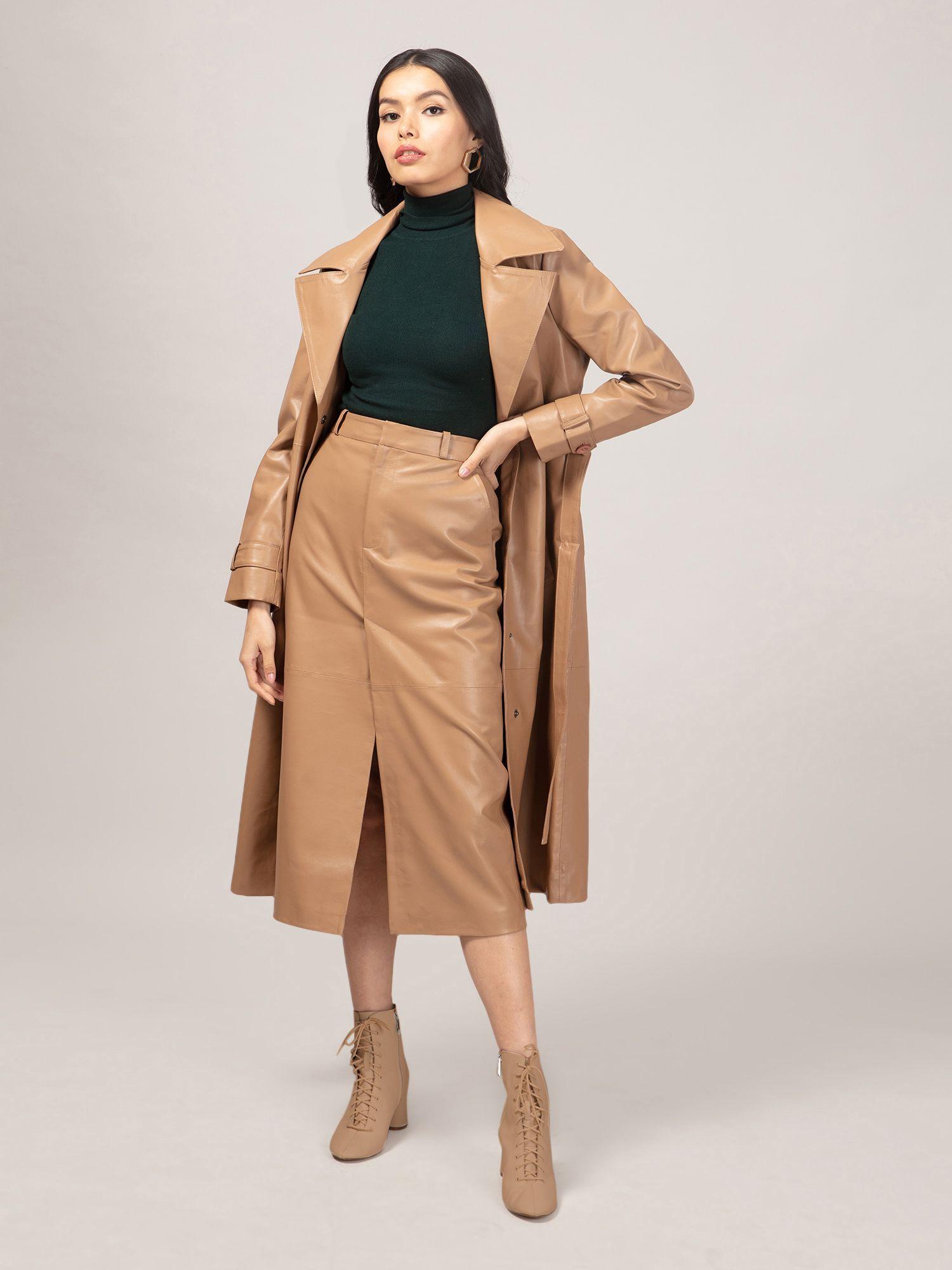 beige solid midi faux leather overcoat with belt