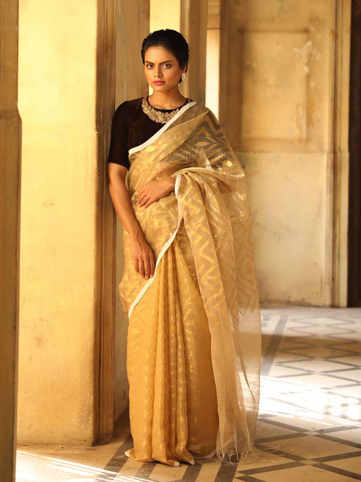 beige solid party wear saree with unstitched blouse