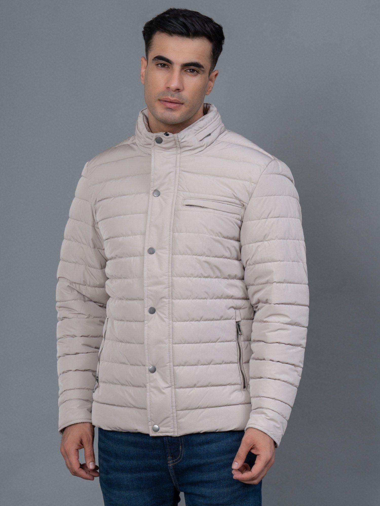 beige solid polyester men's padded jacket