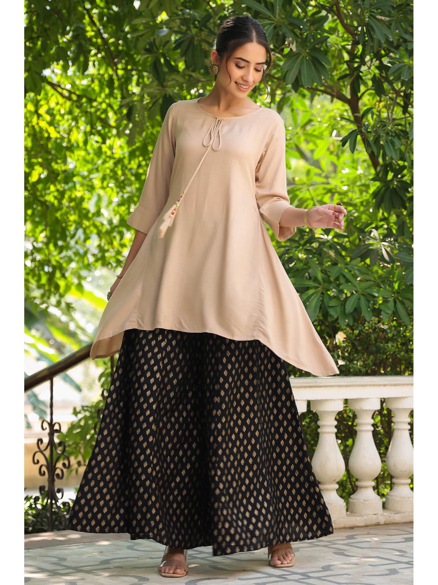 beige solid rayon slub asymmetric women kurti