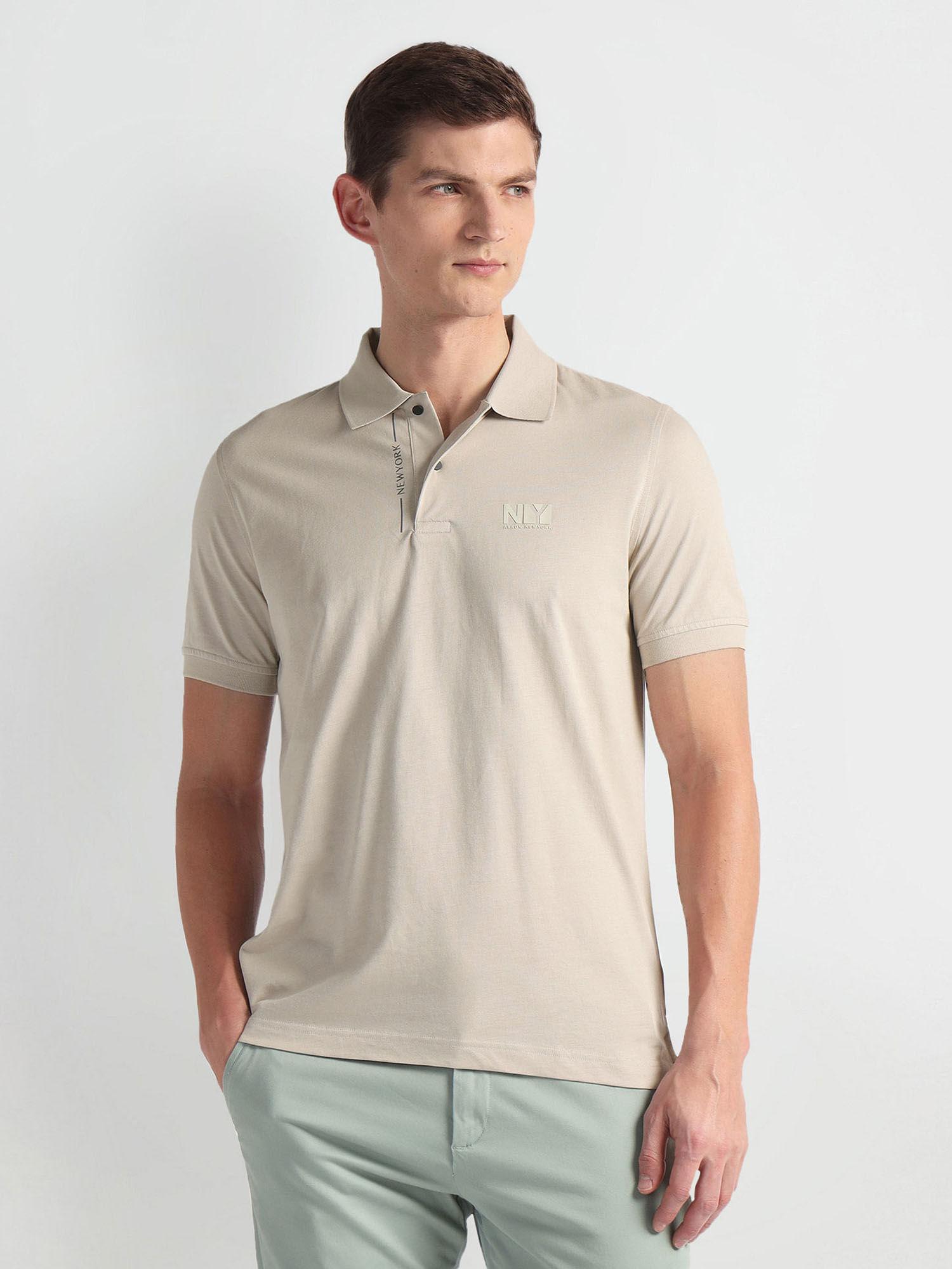 beige solid regular fit polo t-shirt