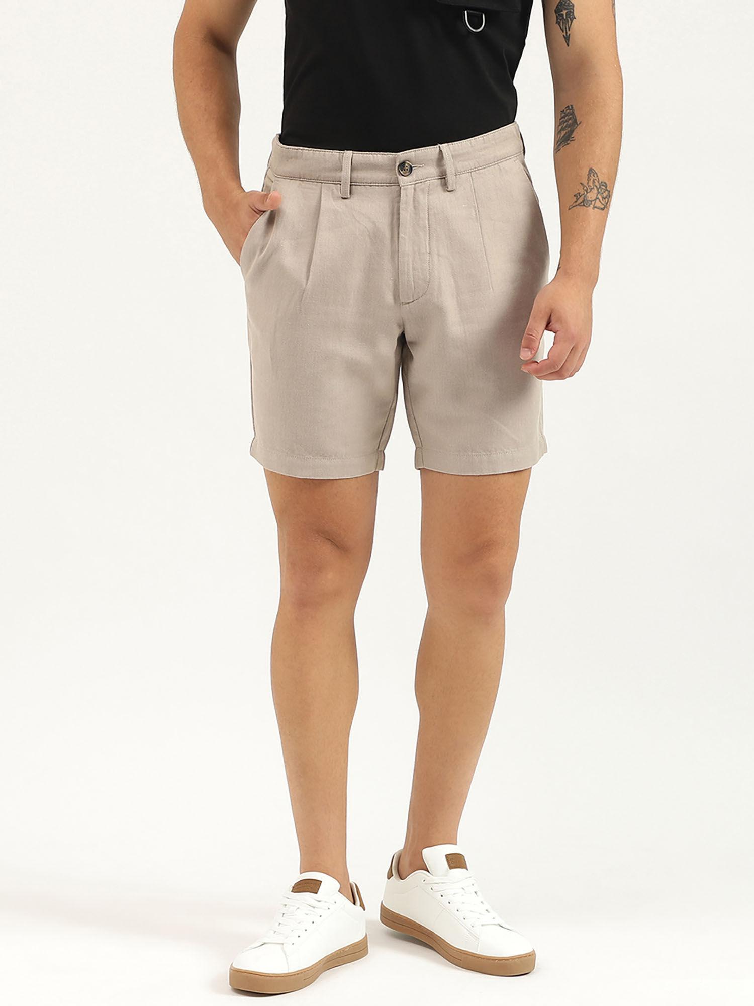 beige solid relaxed fit shorts