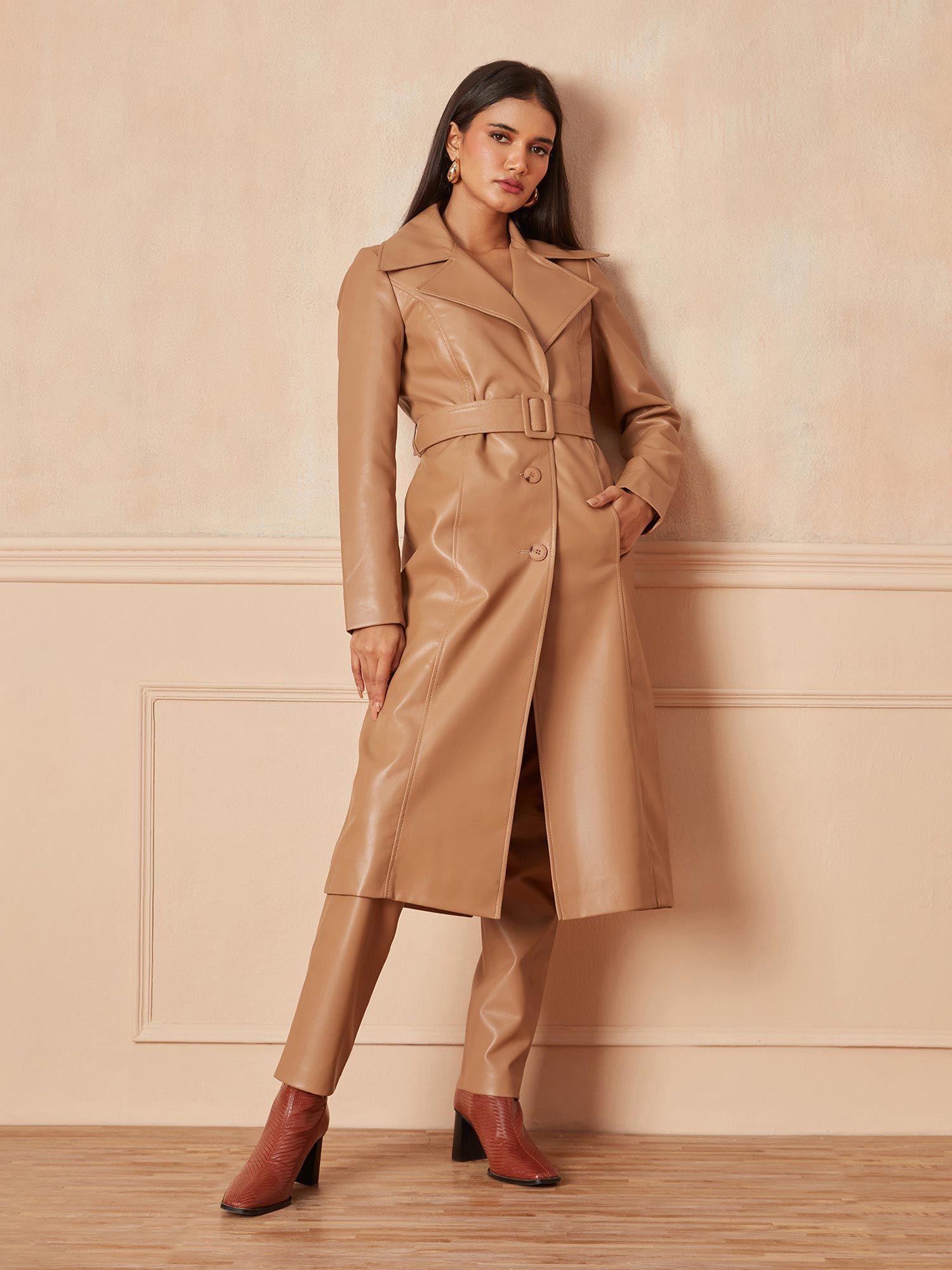 beige solid single breasted longline faux leather overcoat