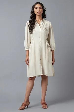 beige solid straight dress with thread embroidery