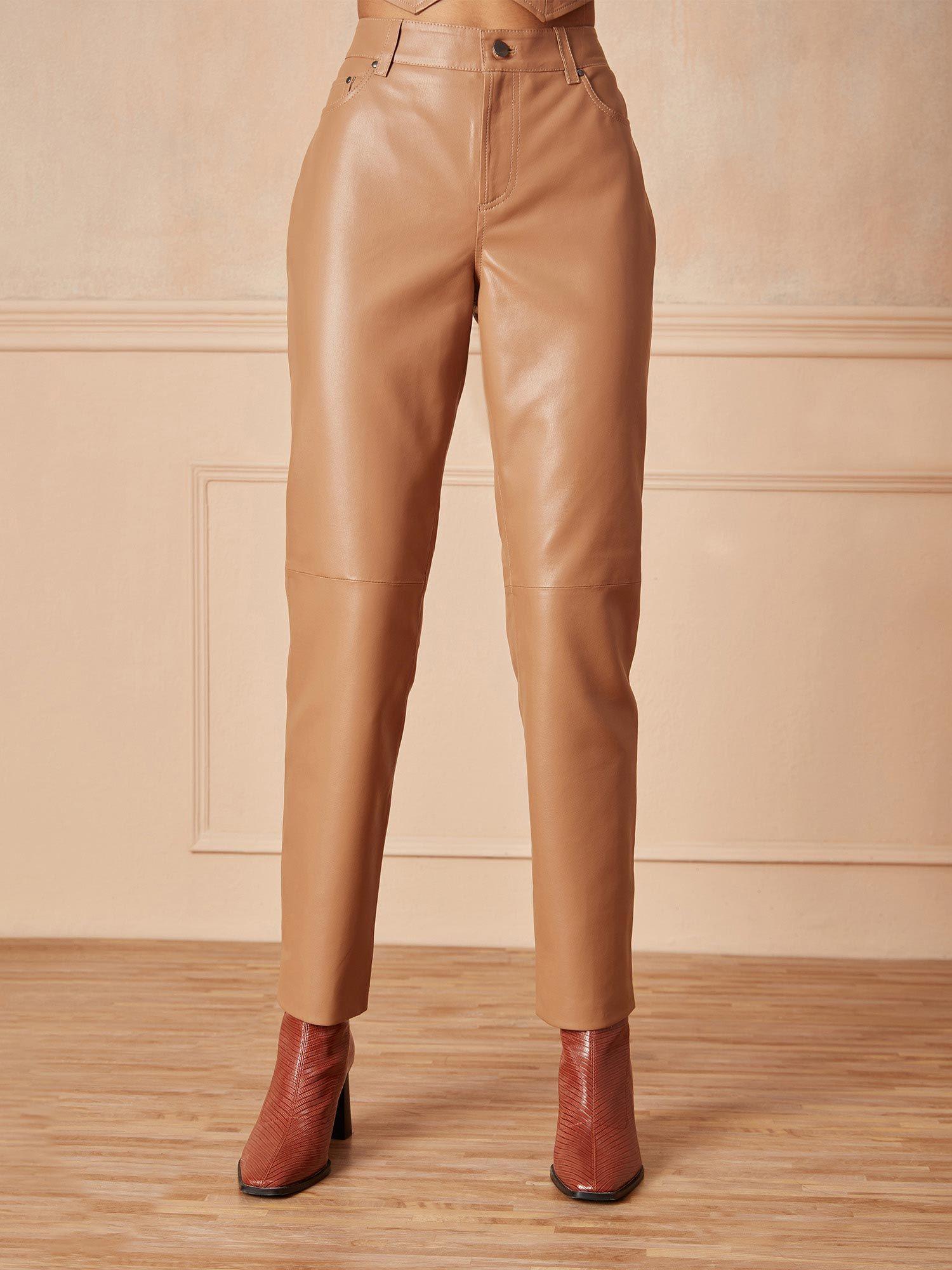 beige solid straight fit faux leather pants