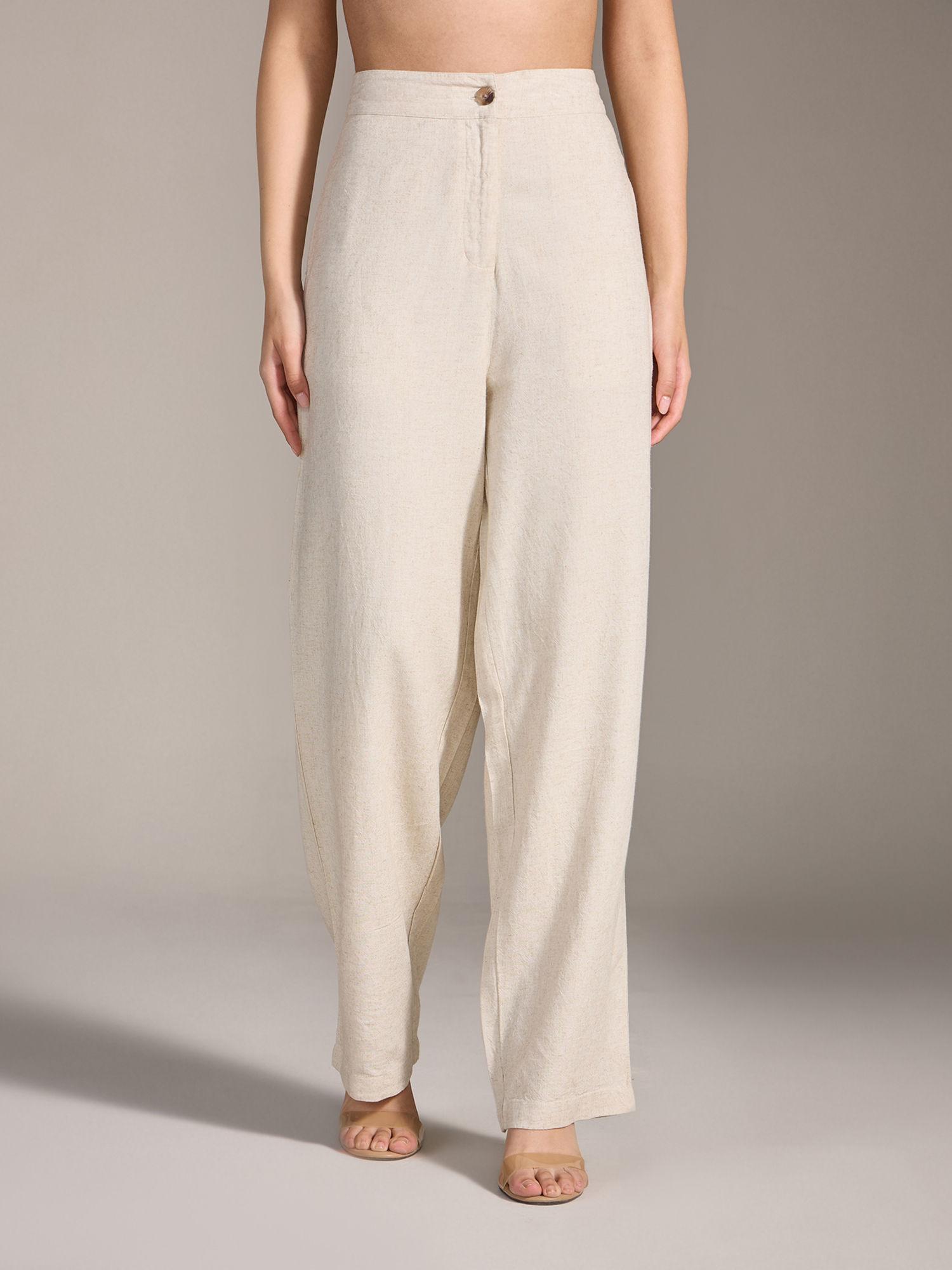 beige solid straight fit linen pants