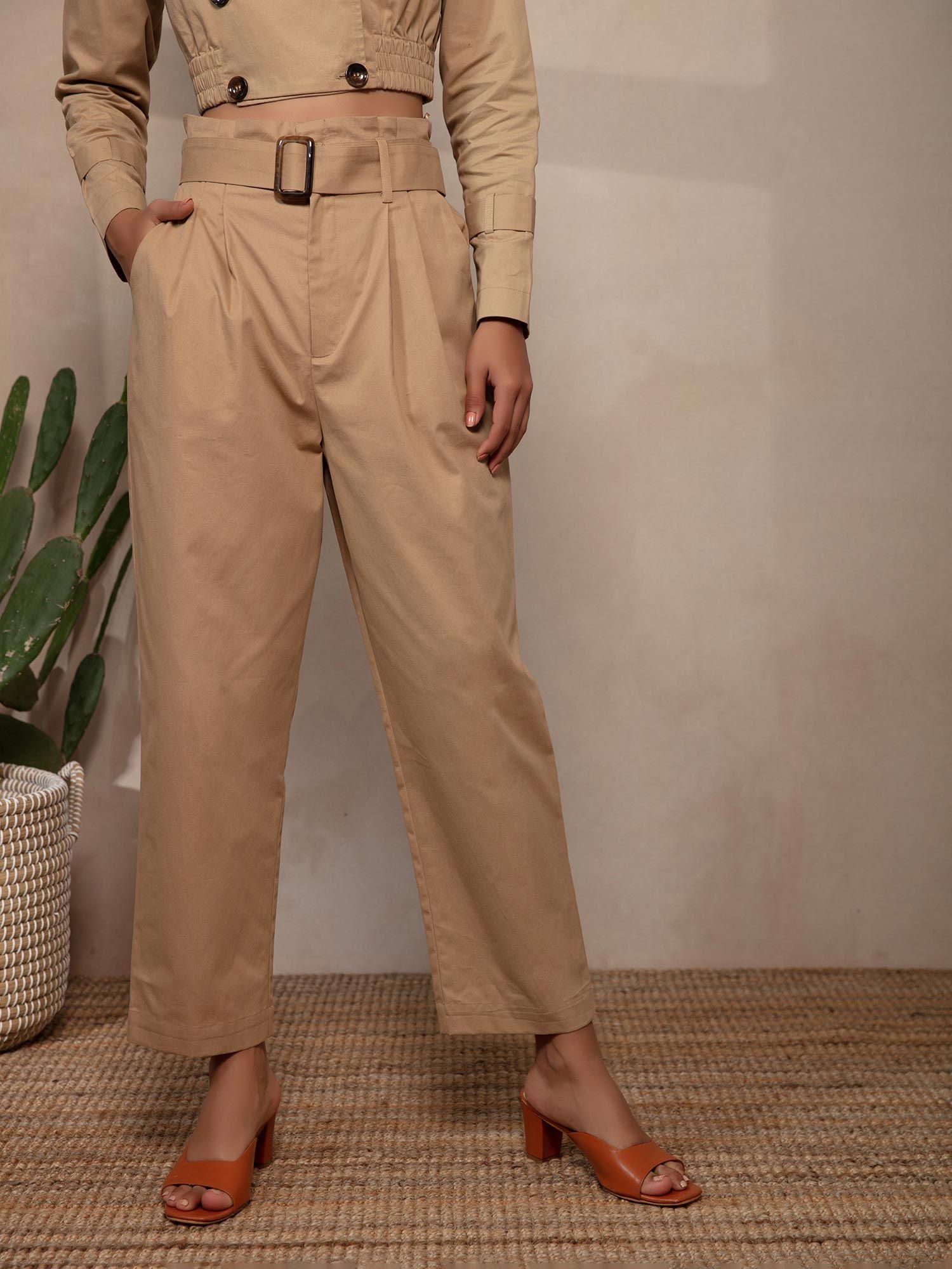 beige solid straight pants with belt