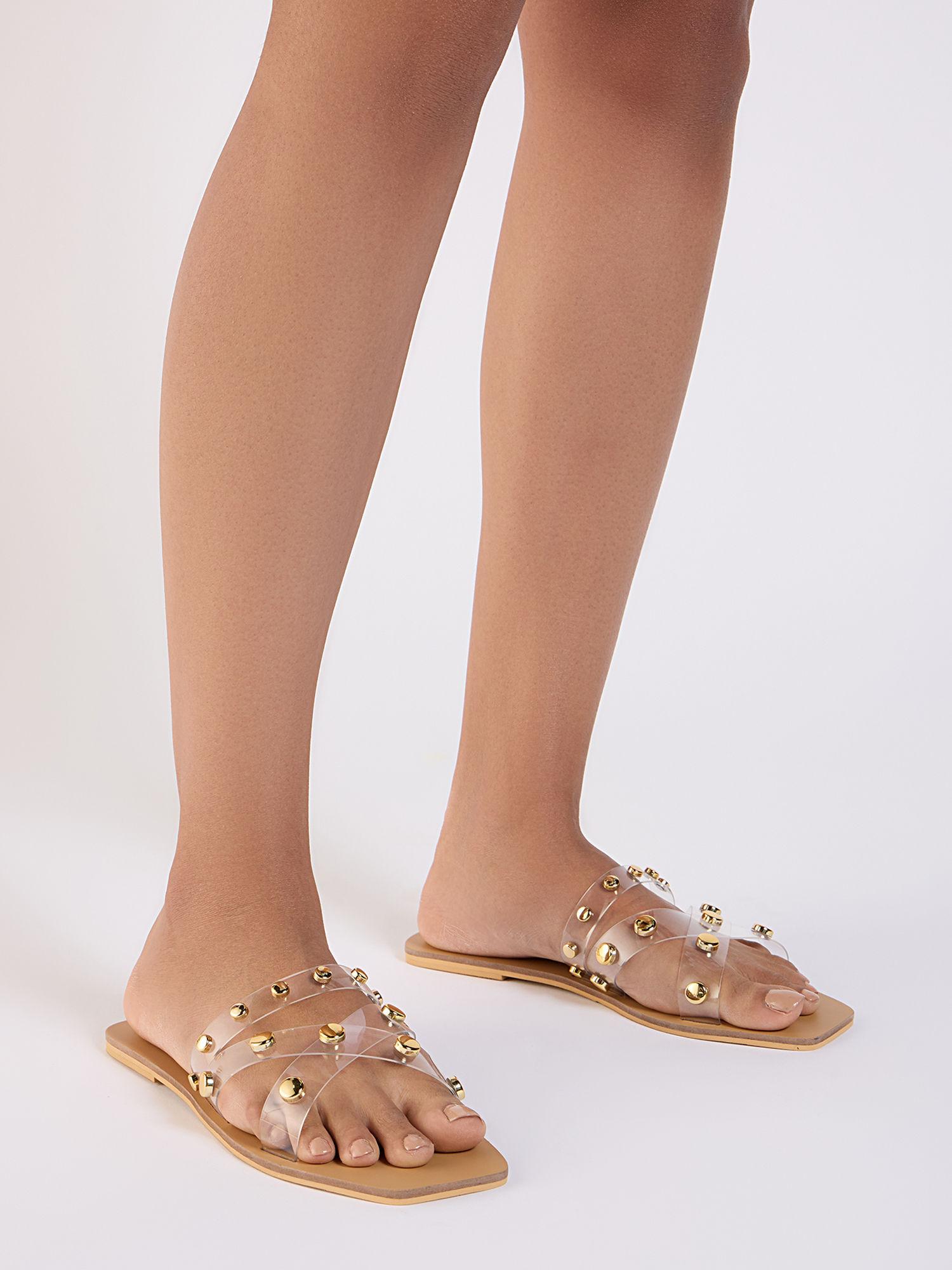 beige solid studded transparent strap flats