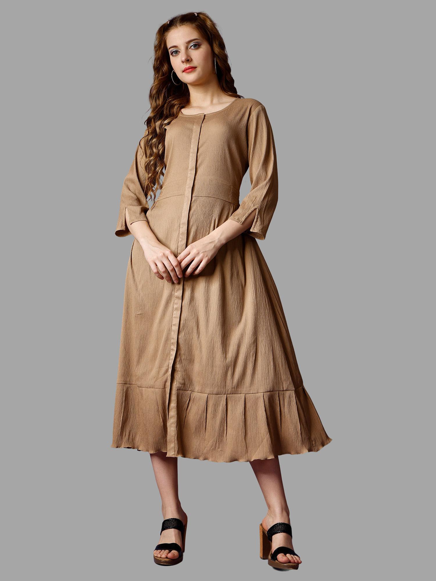 beige solid three fourth sleeves midi dress for women