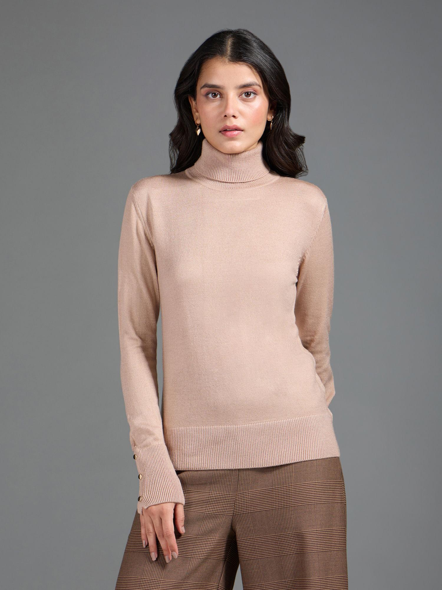 beige solid turtle neck buttoned cuffs sweater top