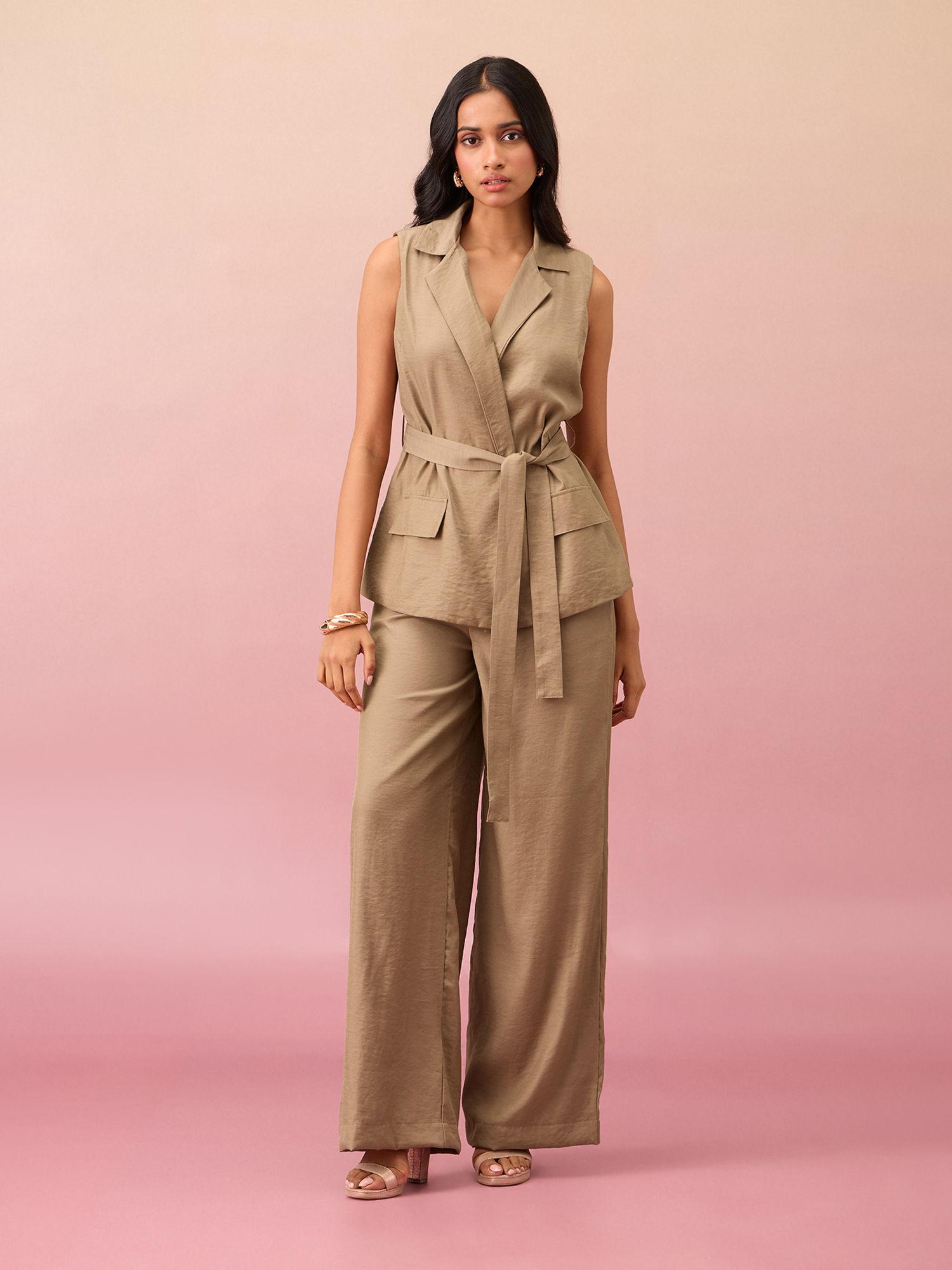 beige solid v neck tie up top with straight fit pant co-ord