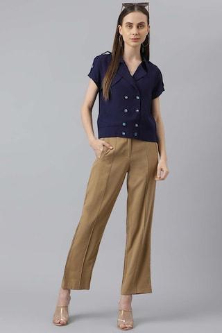 beige solid viscose rayon women regular fit trousers