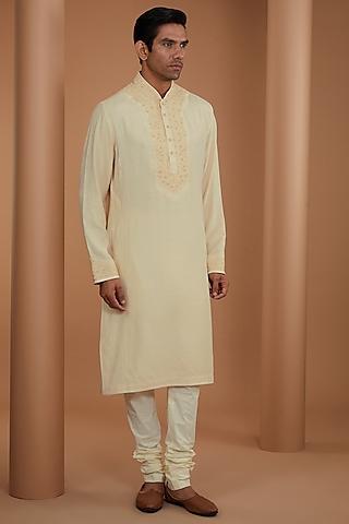 beige spun silk thread embroidered kurta set