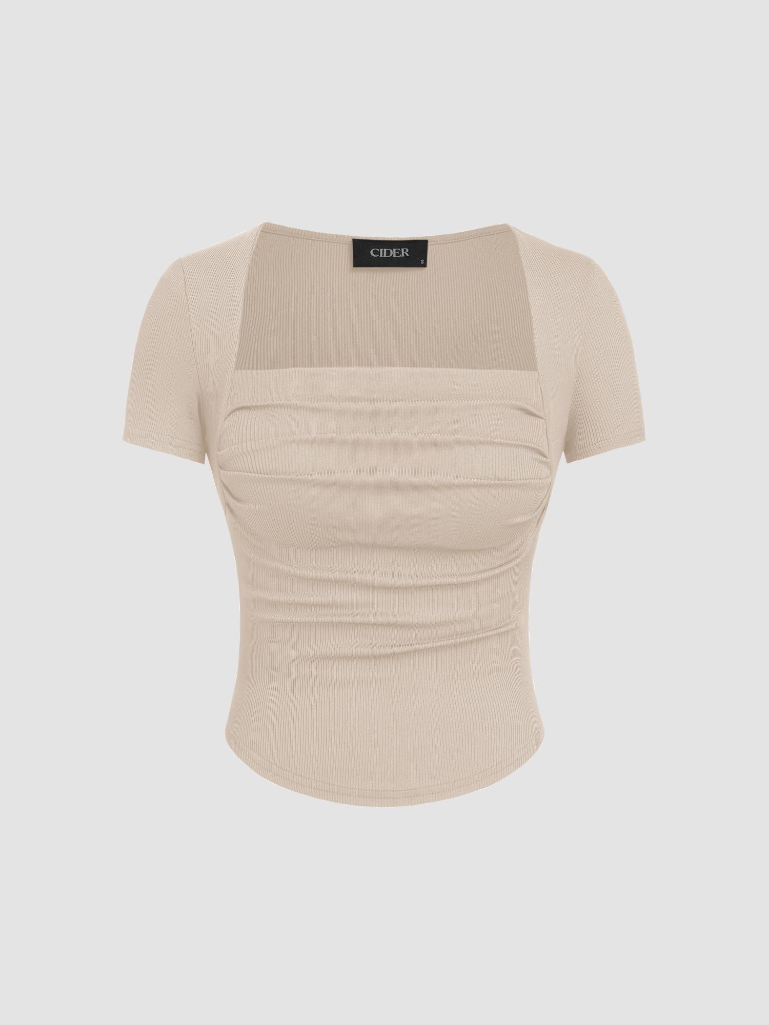 beige square neck ruched short sleeve top