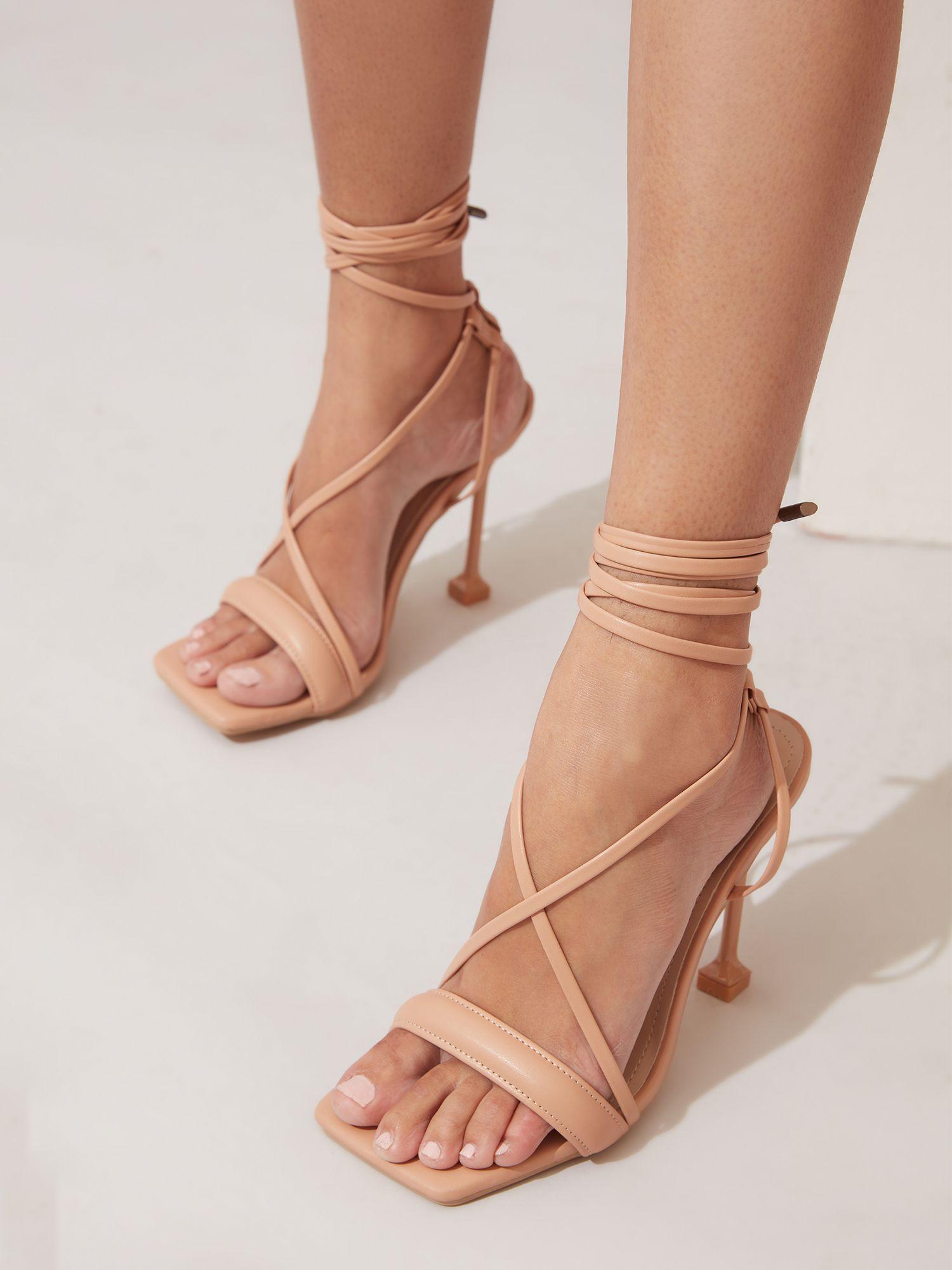 beige square toe tie up stilettos