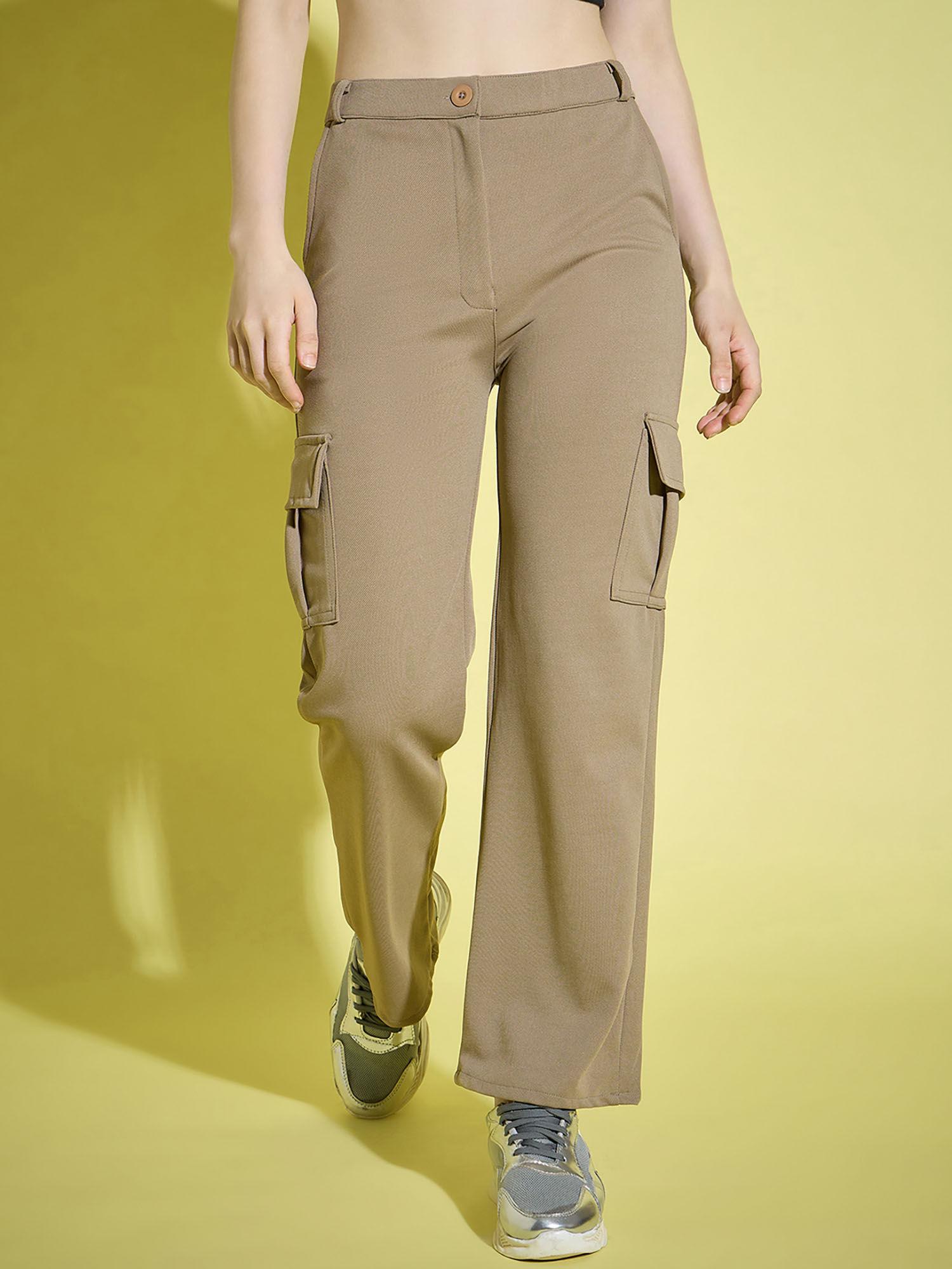 beige straight fit full length solid cargo pant